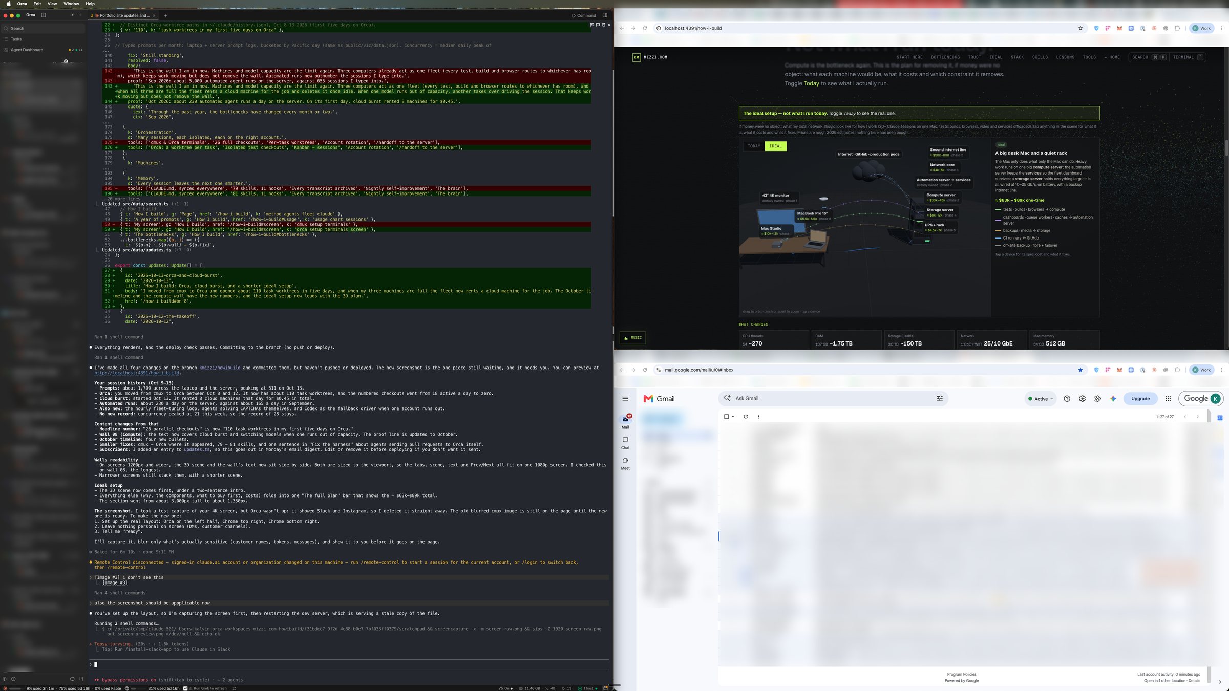 My 4K screen: Orca on the left half with the session that is editing this page, Chrome top right showing this page, Chrome bottom right with mail (blurred)